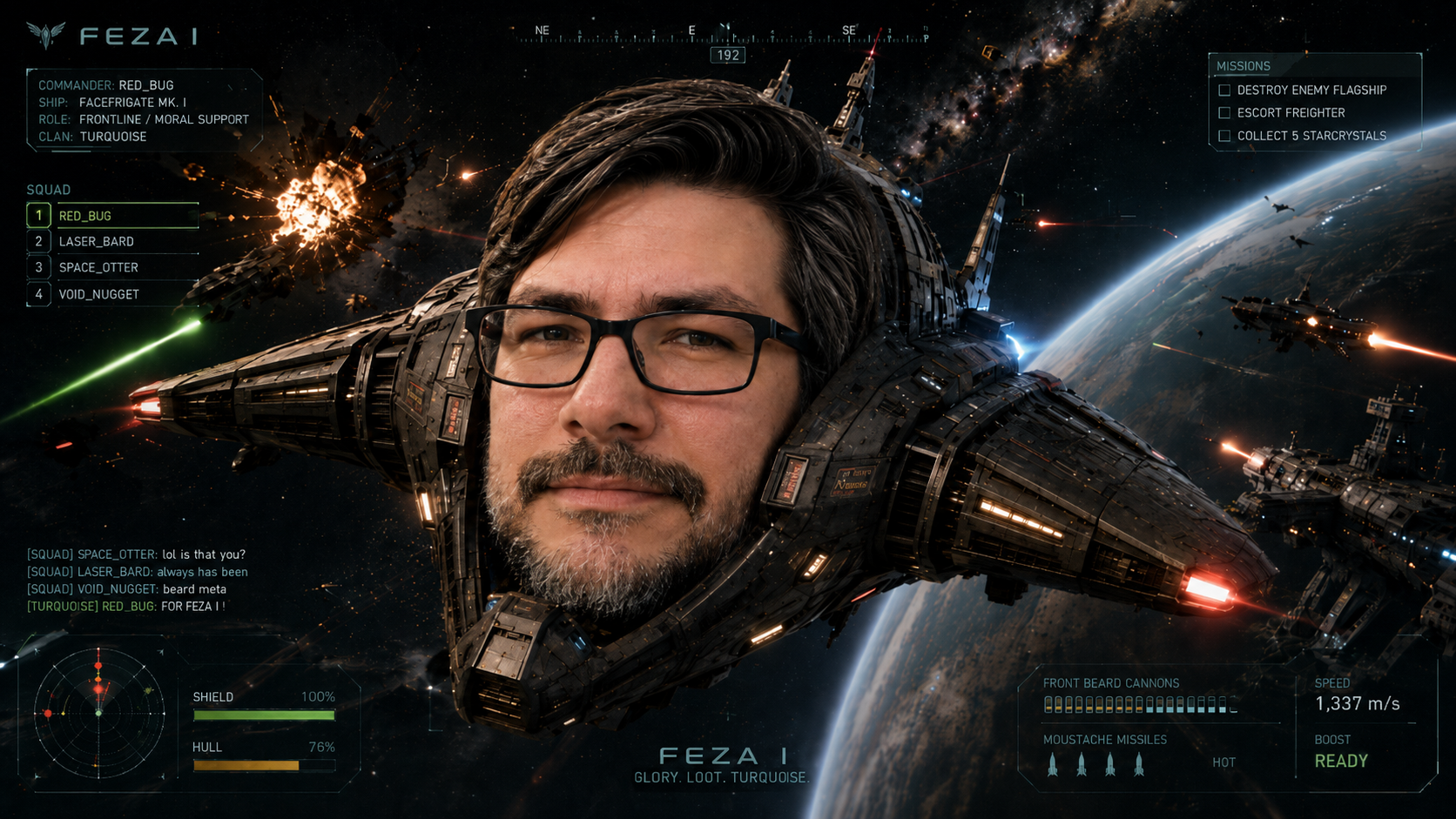 FEZA I temporary space-battle artwork featuring Commander Red_Bug of clan TurQuoise.